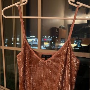 1State Midi Night-out Sequin Dress in Rose Pink/Bronze/Light Brown
